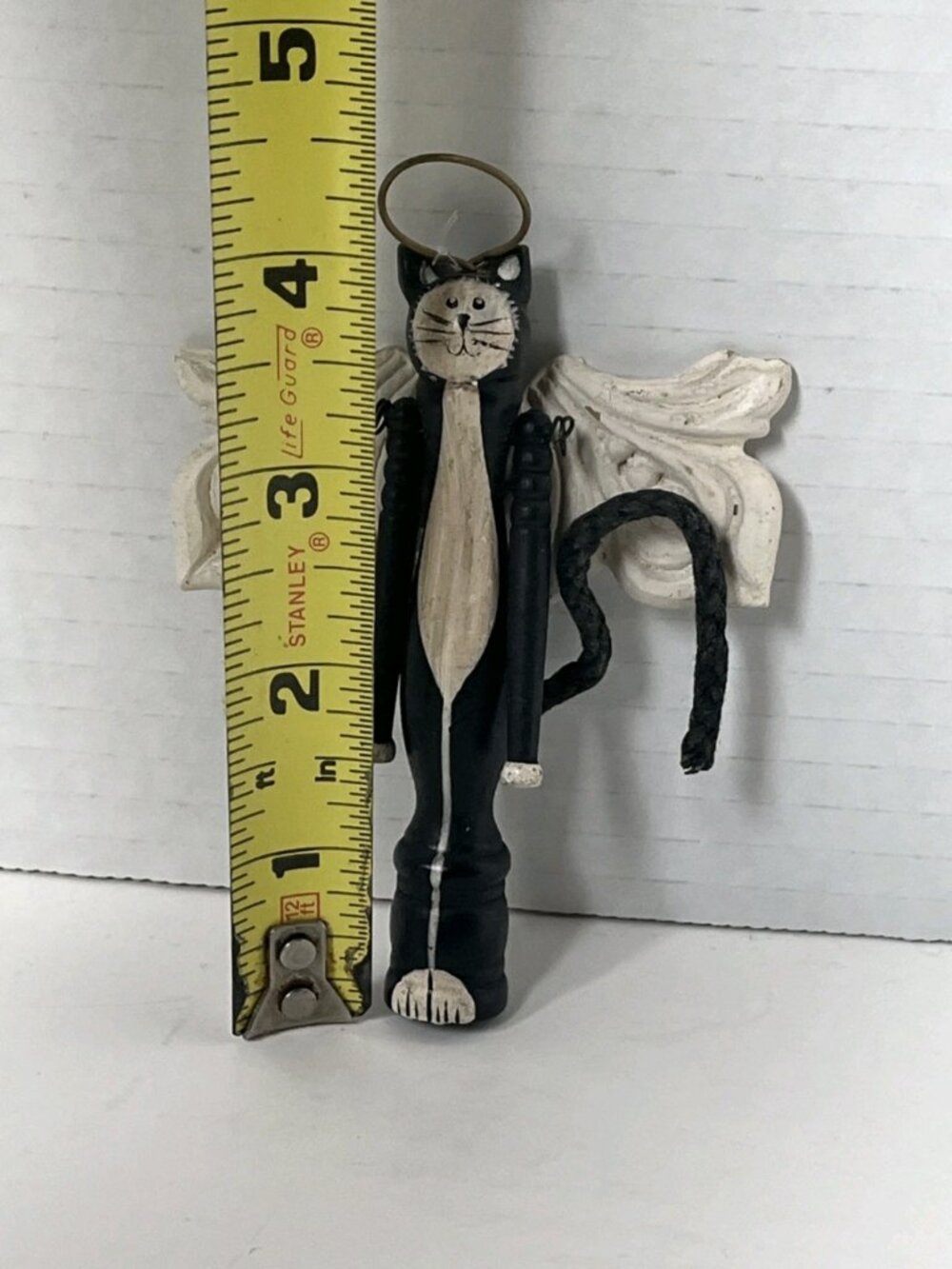 Primitive Black Cat Angel Ornament Jointed Wood Folk Art Christmas Decor - Picture 10 of 10